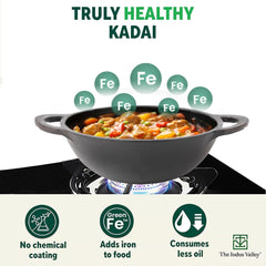 Pre-Seasoned Black Cast Iron Kadai With Curve Handle - Medium, 25.2cm, 10 Inch, 2.2 Liters, 2.3 Kg | Gas Compatible, Naturally Nonstick, 100% Pure & Toxin-Free