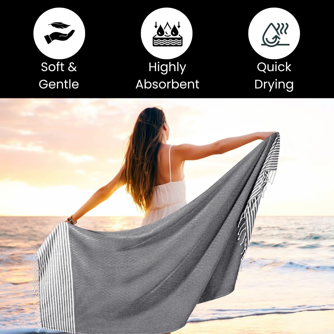 Destin Home Turkish Peshtemal Beach Towels 700 Gsm | Cotton Soft, Lightweight, Quick-Drying & Absorbent For Beach Pool Spa Picnic Travel (Black)- Set Of 2