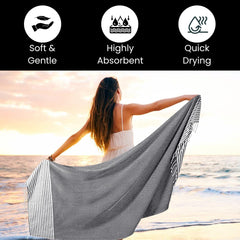 Destin Home Turkish Peshtemal Beach Towels 2 Kg | Cotton Soft, Lightweight, Quick-Drying & Absorbent For Beach Pool Spa Picnic Travel (Black)- Set Of 6