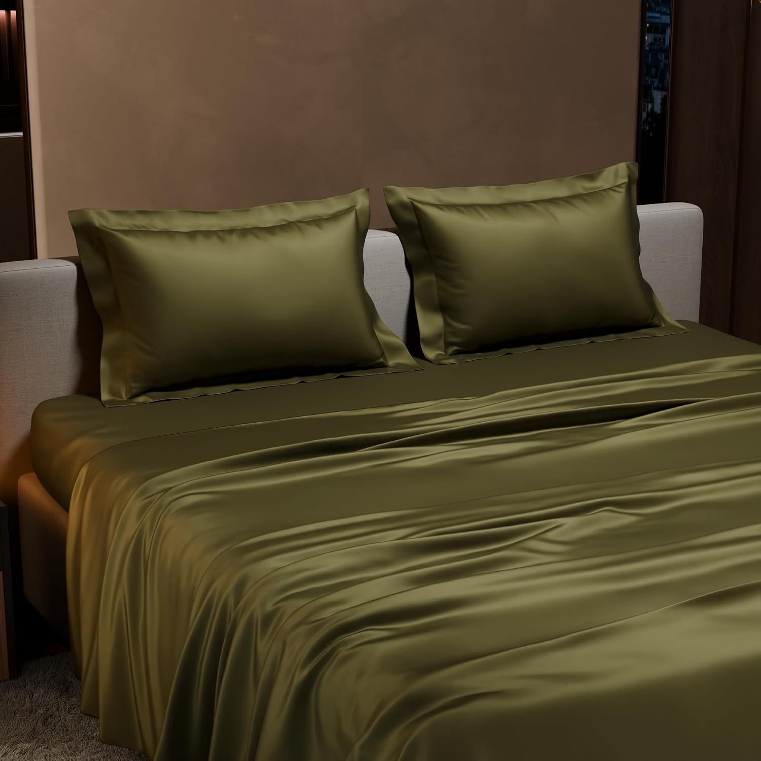 Double Bedsheet With 2 Pillow Covers - 90 X 100 Inches, Olive | Ultra Satin Premium Bedding Set | Gift For Couples, Wedding, Anniversary, Date Night