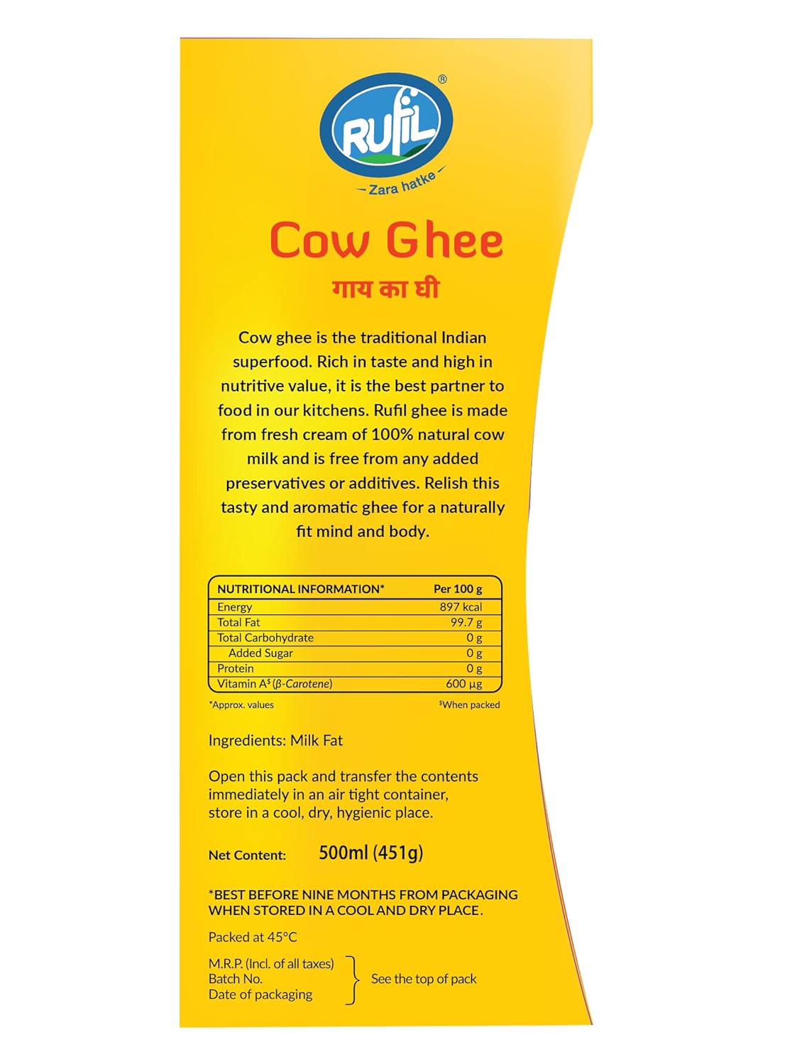 100% Natural Cow Ghee By Rufil | Delicious & Nutritious Healthy Desi Cow Ghee For Protact Eyesight | (500ml) 16.9 Ounce | Box Pack