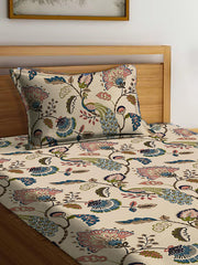 Printed Single Bedsheet With 1 Large Pillow Cove | Size 50 X 75 Inches, Beige - 300 Thread Count Cotton Feel All Around Elastic Fitted Bedsheet | Breathable & Wrinkle Free