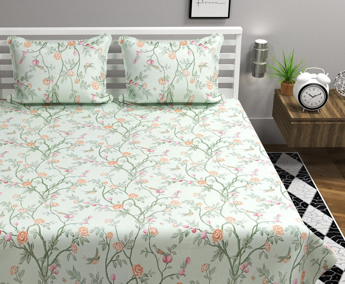 Super King Size Double Bedsheets With 2 King Size Pillow Covers - 108 X 108 Inches, White Green | Luxury Soft Sheet, Lightweight & Breathable Bedsheet