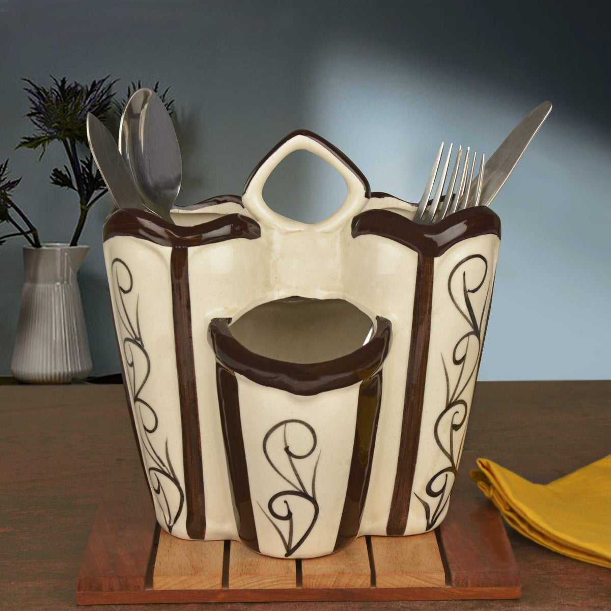 Hand Painted Ceramic Kitchen Cutlery Stand - White & Brown, Height - 16.5 Cm | Pen Stand, Spoon Holder - Toothbrush Stand | Organizer