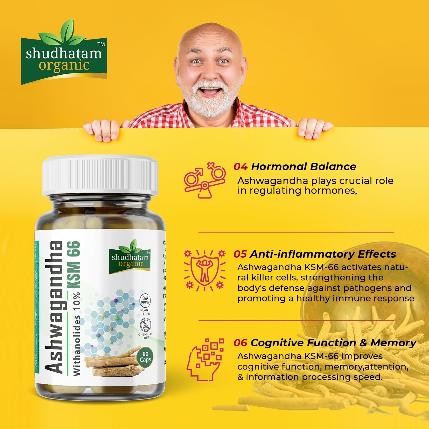 Shudhtam Organic Ashwagandha Ksm 66 Withanolides 10% 500mg, For Stress, Memory & Immunity, Iso Gmp Organic Fda Certified Withania Somnifera | 60 Capsules 100gm 0.2lbs