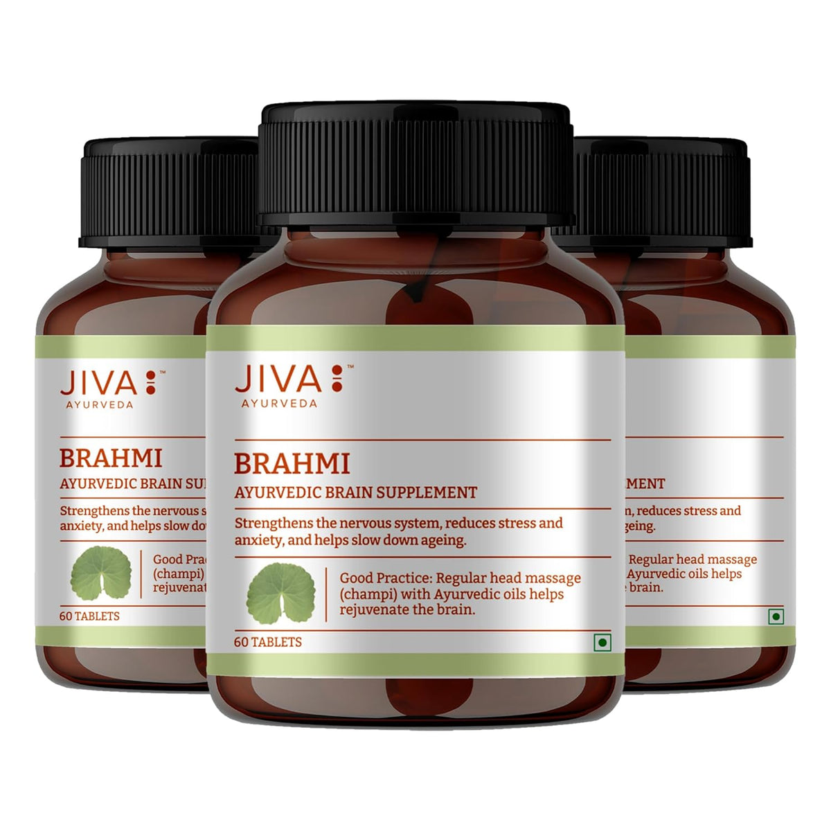 Jiva Brahmi 500mg 100% Ayurvedic Formulation Rejuvenates Nervous System, Reduces Stress, Anxiety & Slows Down Aging | 60 Tablets 100gm 0.2lbs Each Pack Of 3