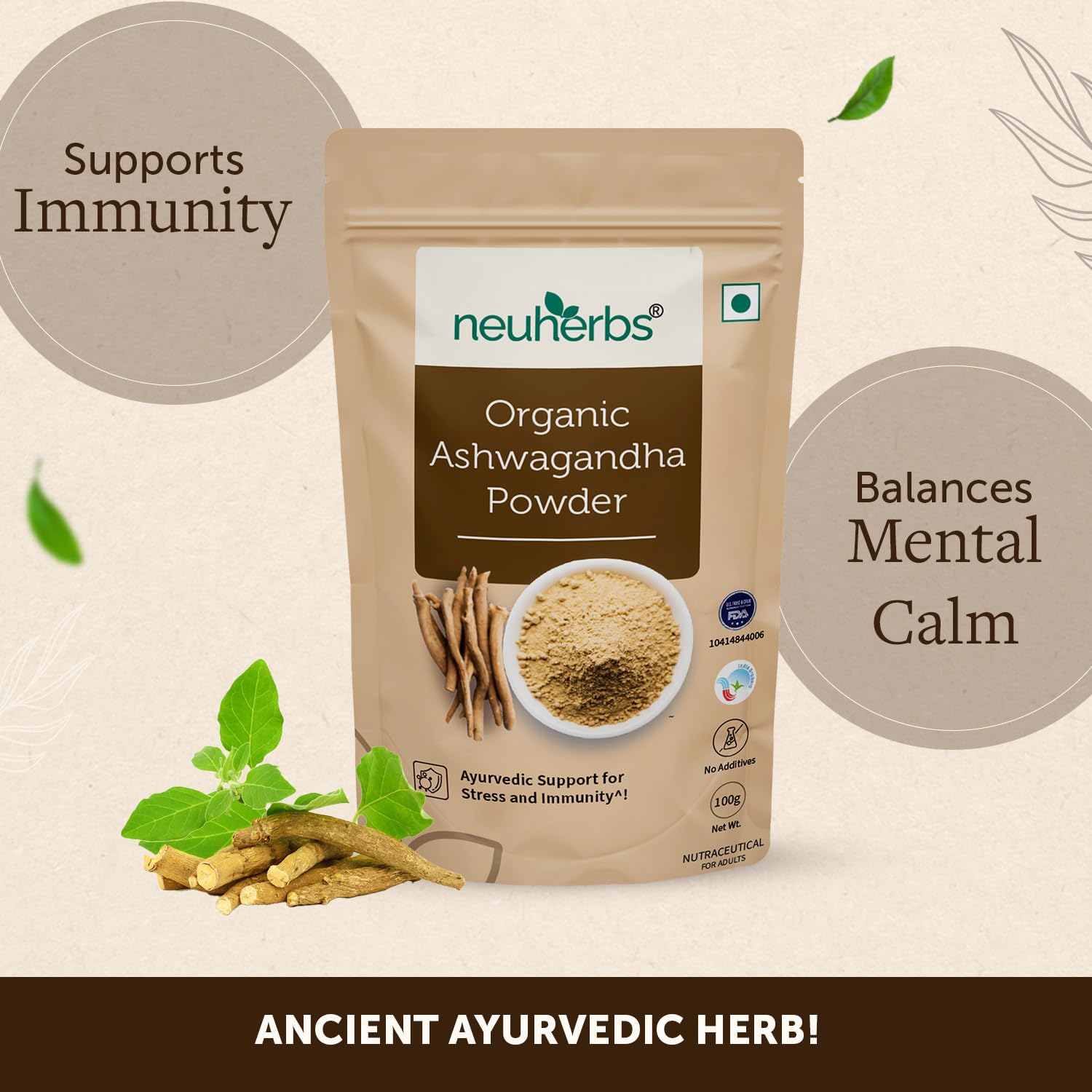 Neuherbs Organic Ashwagandha Powder, Ayurvedic Support For Stress, Mental Calmness & Anxiety Issues, Certified Organic | 100gm 0.2lbs