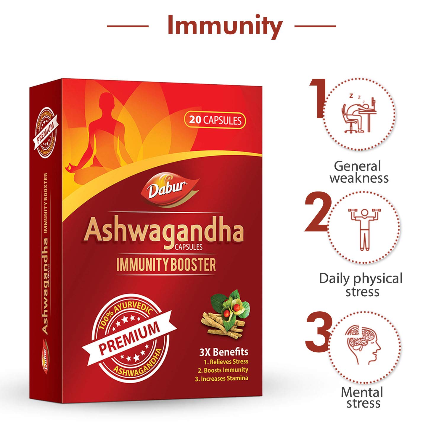 Dabur Ashwagandha Capsules Immunity Booster 100% Ayurvedic, Relieves Stress & Increases Stamina, Immunity Booster | 20 Capsules 50gm 0.1lbs