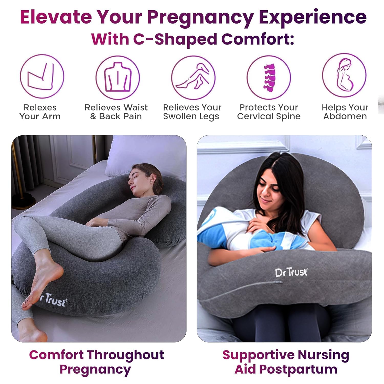 Maternity Pillow For Pregnancy Sleeping, C Shape Full Body Cushion, Grey | For Pregnant Women To Sit & Sleep Comfortable | For Sitting, Belly Support, Back Pain, Adjustable - Pack Of 1