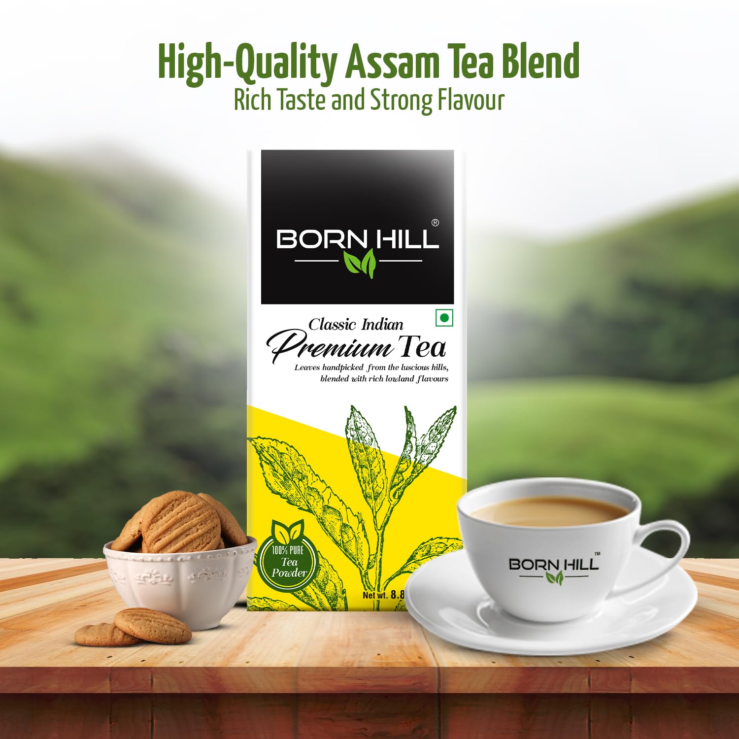 Born Hill Classic Indian Premium Assam Tea Powder - 250gm, 8.8 Ounce | 100% Natural, Fresh Blend With No Preservatives Or Colors - Authentic Indian Flavor, Resealable Pack