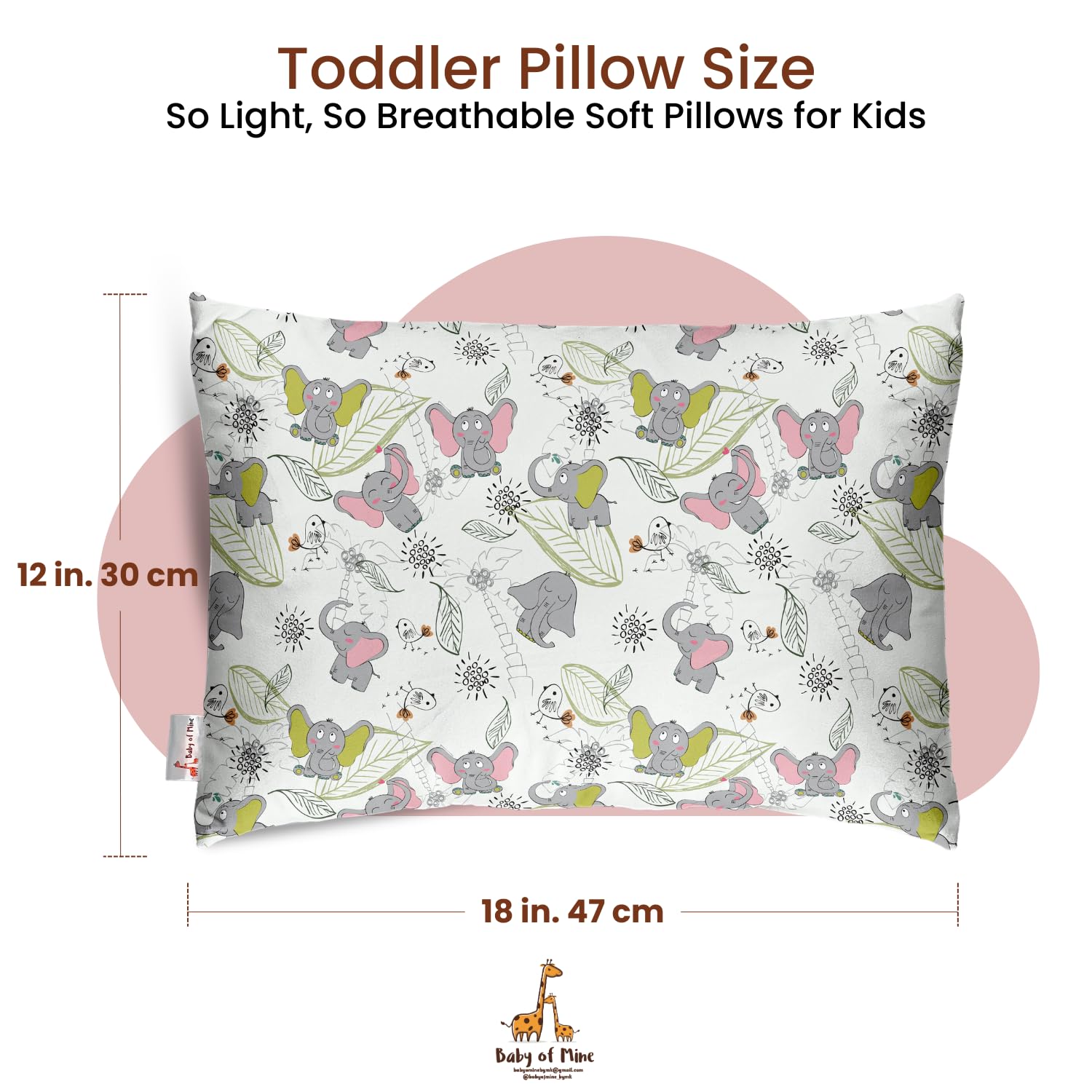 Premium Baby Pillow For Kids, Super Soft Cotton Kids Cushion - 12 X 18 Inches | For 5 Years Old Kids, Cartoon Prints - Big Ears Elephant | Bed Pillow, Washable, Easy To Care - Pillow 18