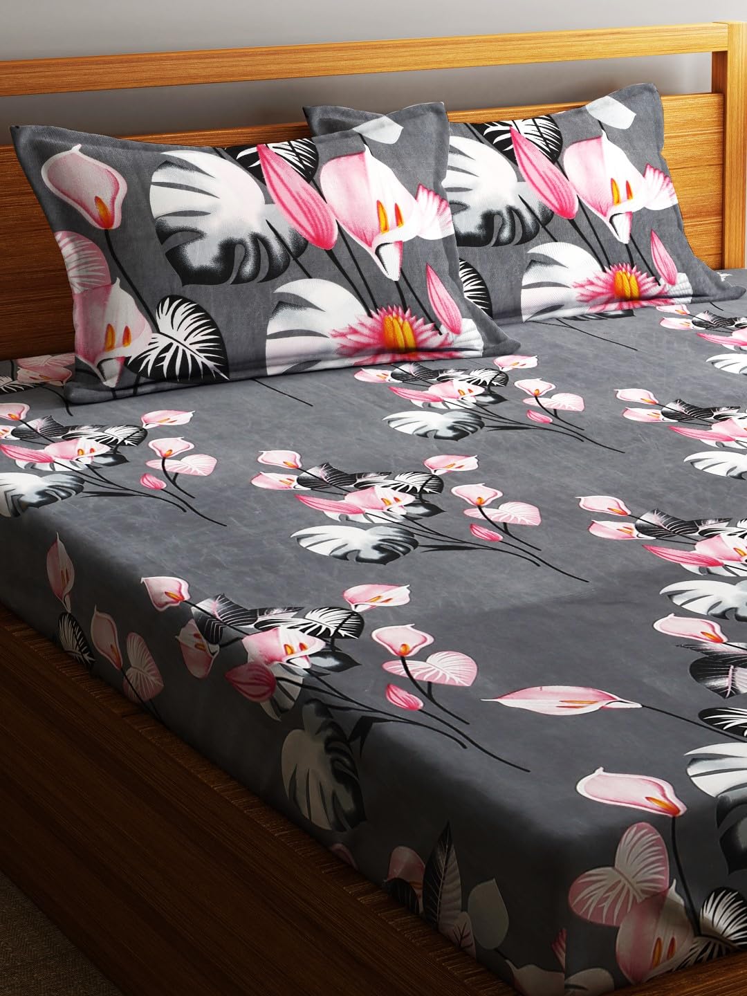 Microfiber Double Bedsheet With 2 Pillow Covers - 85 X 86 Inches, Grey & Pink | Normal Hand Wash Or Machine Wash | 144 Thread Count