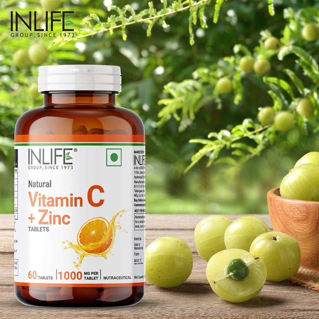 Inlife Natural Vitamin C Amla Extract With Zinc For Immunity & Skin Care | 60 Veg Tablets , 100gm 0.2lbs