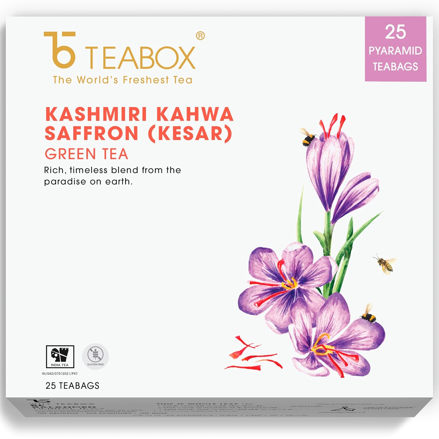 Teabox Fresh Kashmiri Kahwa Saffron (Kesar) Green Tea - 25 Pyramid Tea Bags | Green Tea Hand Blended With Natural Saffron, Almond, Cardamom & Cloves - 100% Natural Ingredients
