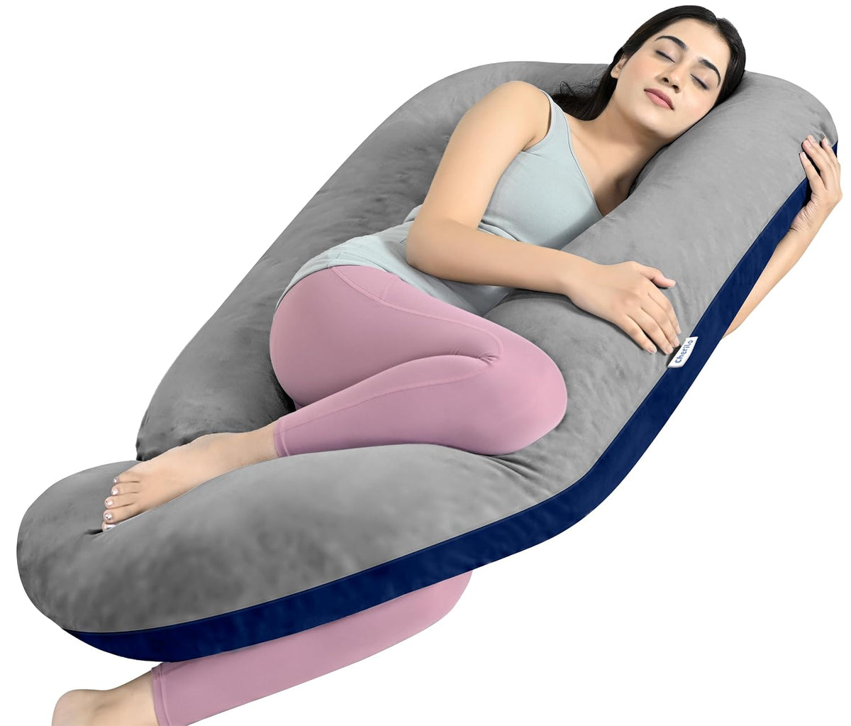 Full Body Pillow, G Shape Pregnancy Pillow, For Pregnant Women, Grey & Navy Blue | Single Pillow For Multipurpose Use During Maternity | Premium Velvet Cover With Zip, Adjustable Pillow