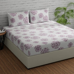Flat Bedsheet For Double Bed With 2 Pillow Covers - 88 X 96 Inches, White (Mauve Print) | Comfort Fabric Bedsheet Home, Hotel & Guest House