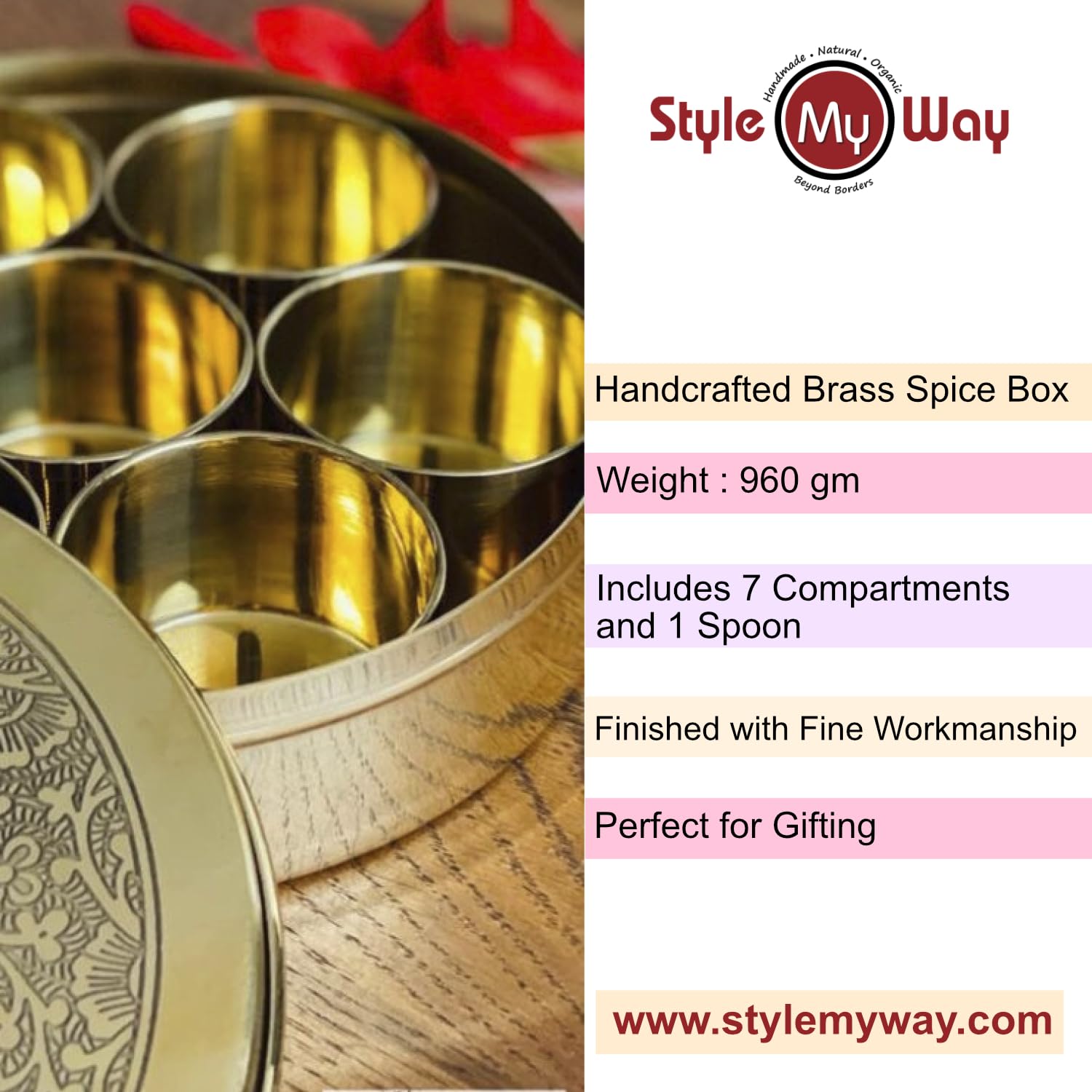 Premium Pure Brass Floral Etched Indian Spice Box For Kitchen With Spoon - 7 Containers, 120ml Each, Golden Color | Diameter - 8 Inches, Weight - 960gm | Peetal Masala Dani, Masala Dabba