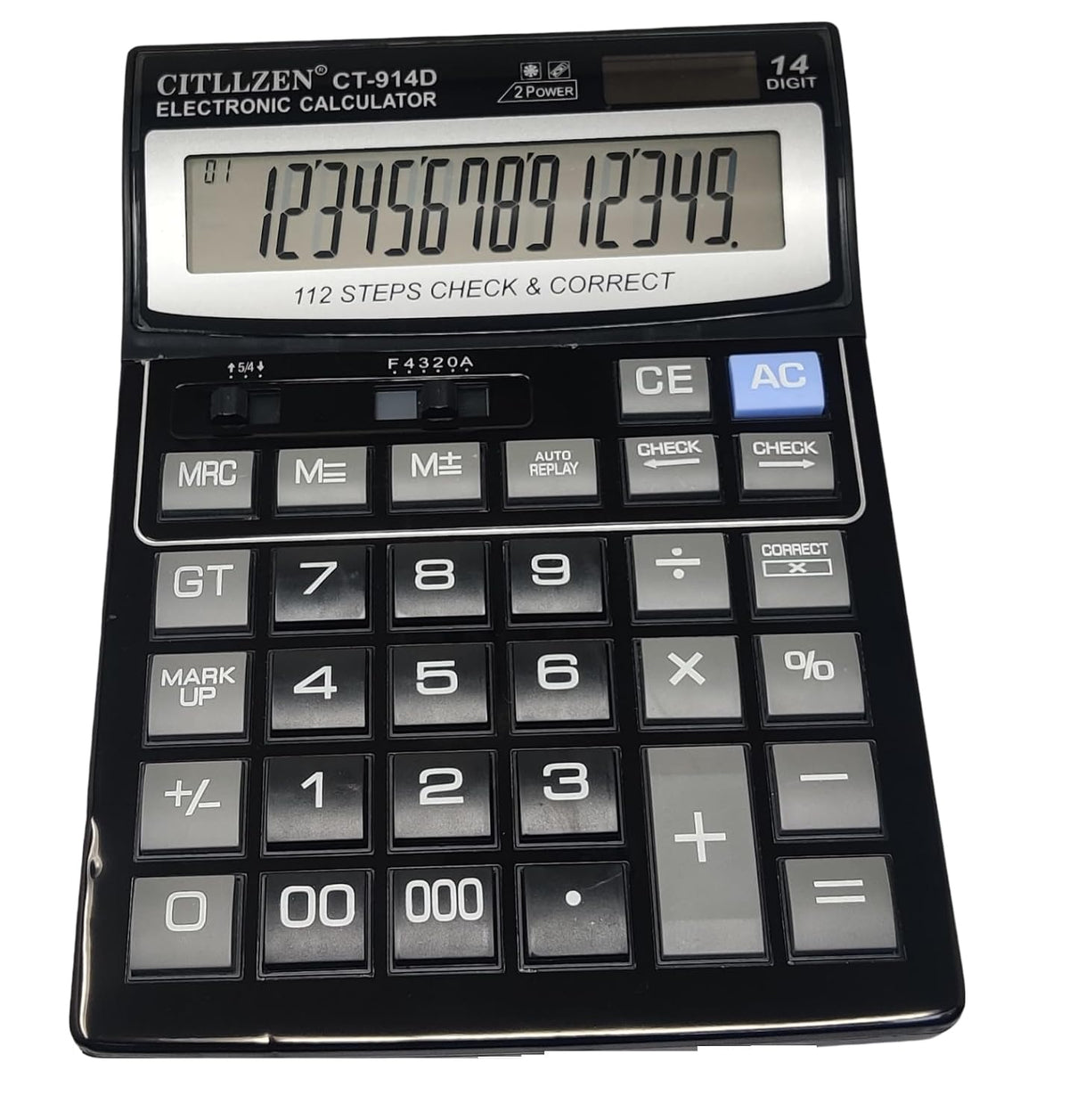 Eos OT-714D Series 14-digit Basic Calculator With 112-step Check, Metal Faceplate & Extra Large Display, Solar-powered Professional/home Use Calculator (Black)