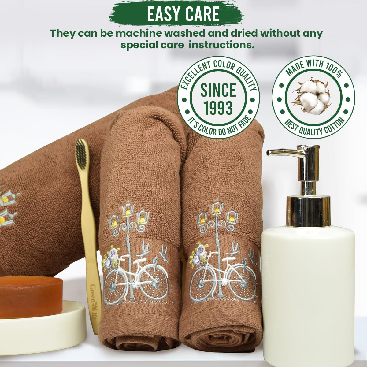 Rangoli 100% Cotton Martin Bath & Hand Towels 900 Gsm | Quick Dry, Ultra Soft, Highly Absorbent Printed Bath Towel - Brown (Set Of 3)