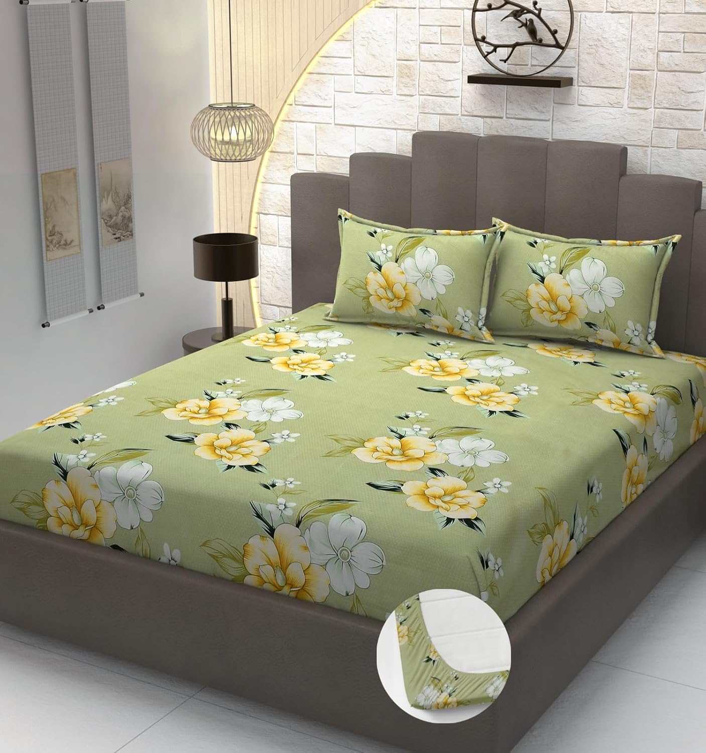 Heavy Cotton Elastic Fitted Bedsheet For King Size With 2 Matching Pillow Covers - 72 X 78 X 10 Inch, Light Green | Super Soft Breathable & Wrinkle Free