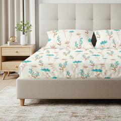 Cotton Floral Bedsheet For Double Bed, King Size With 2 Pillow Covers - 108 X 108 Inches, Cream & Sky Blue | Ideal Gifting Choice For Housewarmings, Weddings, Or Anniversaries