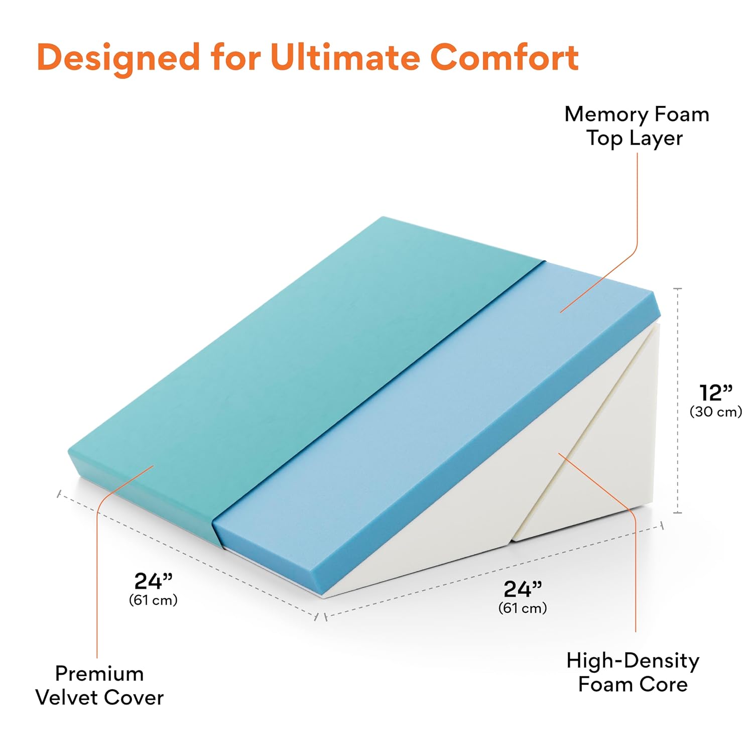 Wedge Pillow For Back Support, Velvet Aqua Green, XL Size - 24 X 24 X 12 Inch | Adjustable Memory Foam Bed Wedge Pillow For Sleeping, Acid Reflux, Gerd, Snoring, Pregnancy, Breathable