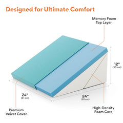 Wedge Pillow For Back Support, Velvet Aqua Green, XL Size - 24 X 24 X 12 Inch | Adjustable Memory Foam Bed Wedge Pillow For Sleeping, Acid Reflux, Gerd, Snoring, Pregnancy, Breathable