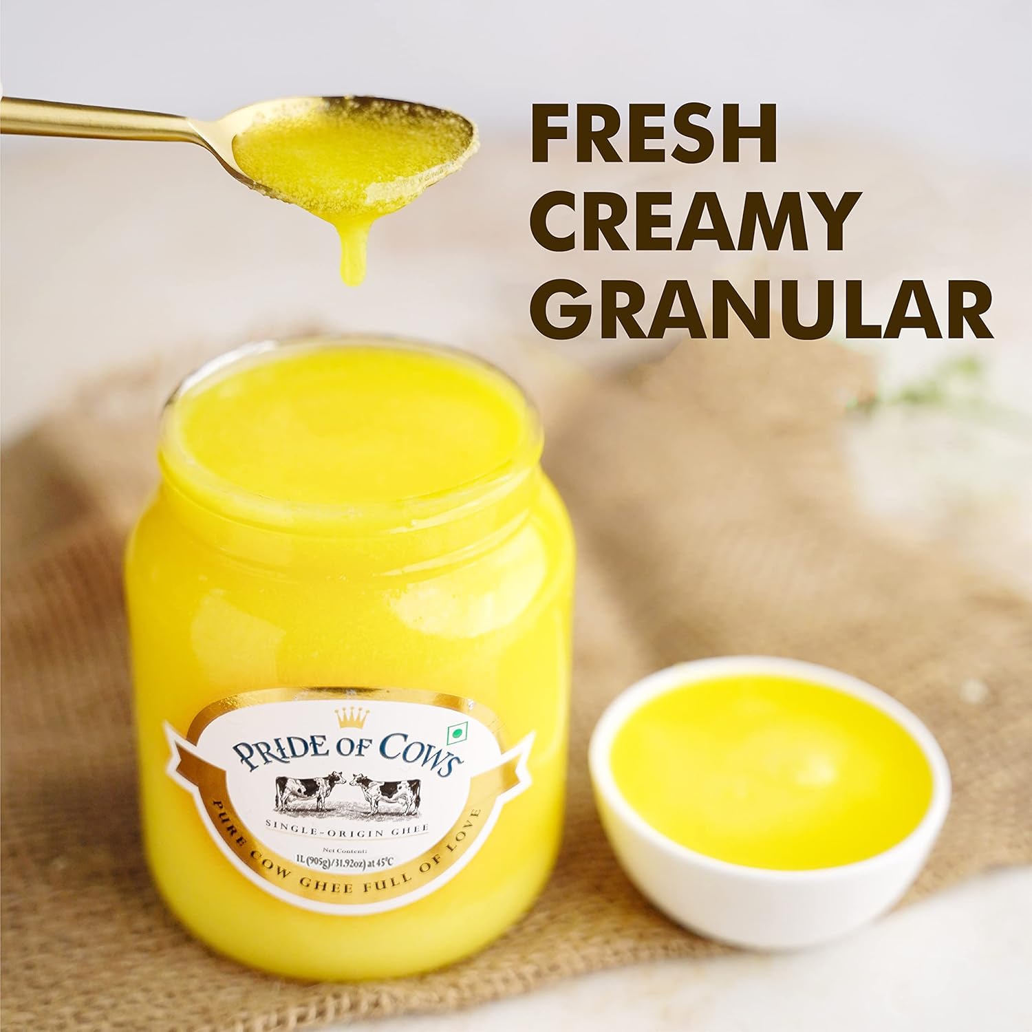 Premium Desi Cow Ghee By Pride Of Cows | High In Vitamins A, D & Healthy Desi Ghee Good For Cooking | (1 Litr) 33.8 Ounce | Jar Pack