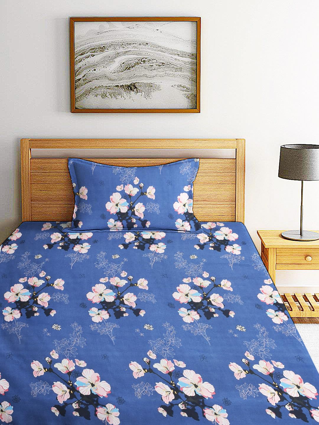 Floral Printed Single Bedsheet Size With 1 Pillow Cover - 60 X 90 Inches, Blue | Cotton Wrinkle Free Soft, Breathable | Durable & Long-Lasting