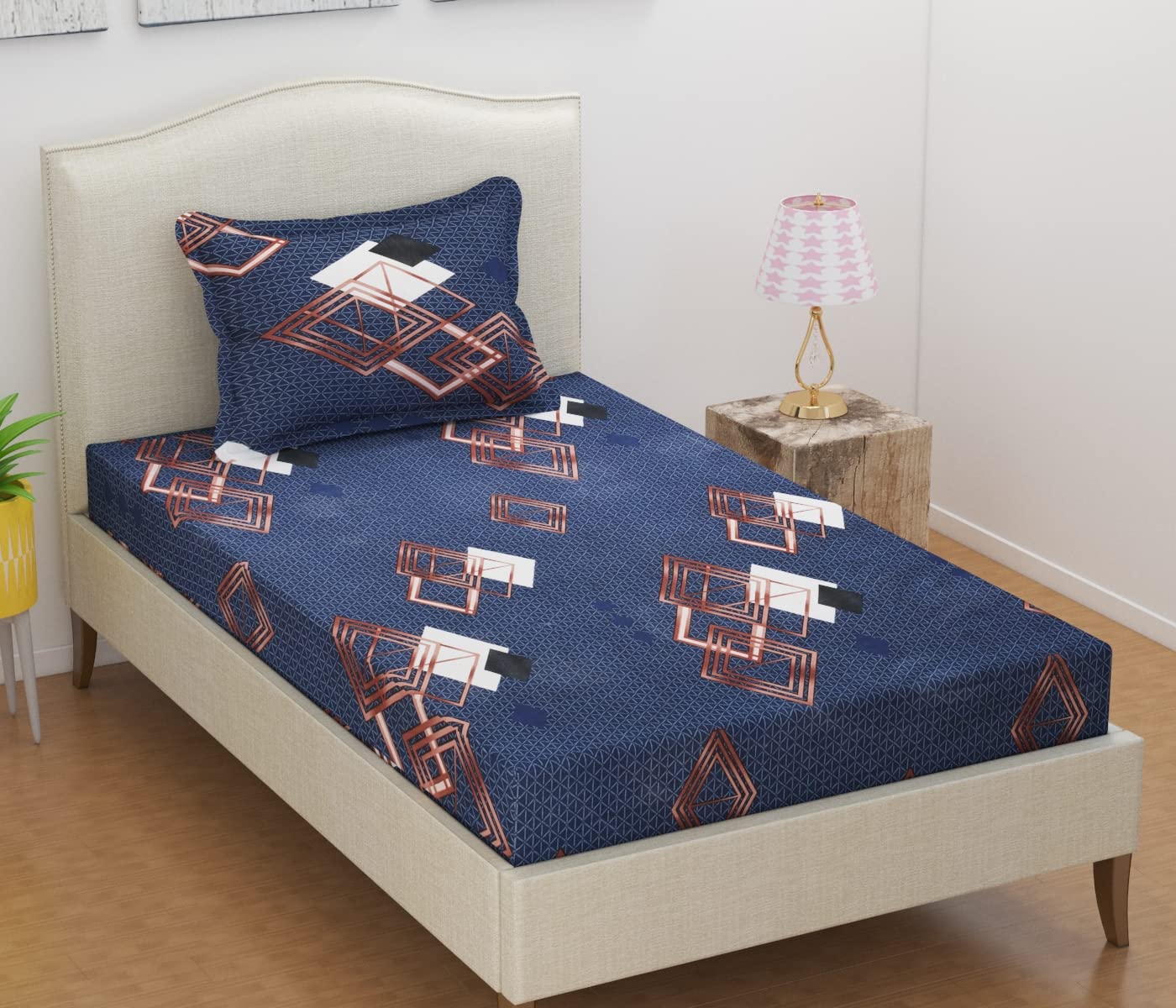 Printed Microfiber Bedsheet For Single Bed With 1 Pillow Covers - 60 X 90 Inches, Dark Blue & Brown | 220 Thread Count Ideal For Everyday Use