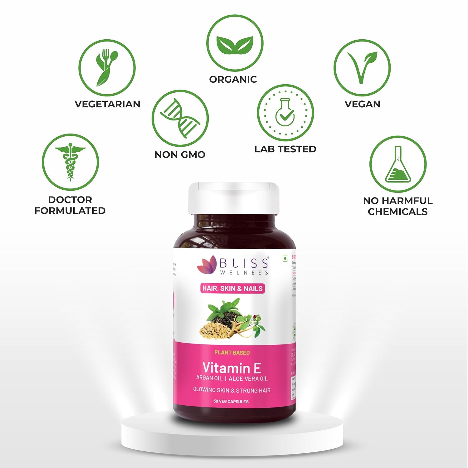 Bliss Welness Plant Based Natural Vitamin E, Sunflower Oil Extract, Argan Oil Extract , Aloevera Extract | Pure Skin Hair & Face Care Health Supplement | 30 Vegetarian Capsules 50gm 0.1lbs