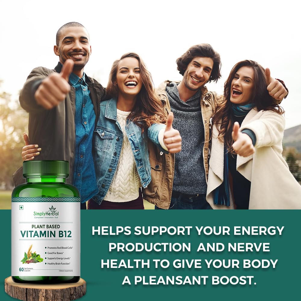 Simply Herbal Plant Based Vitamin B12 Capsules Improves Your Brain Function & Nervous System For Men & Women | 60 Capsules , 100gm 0.2lbs
