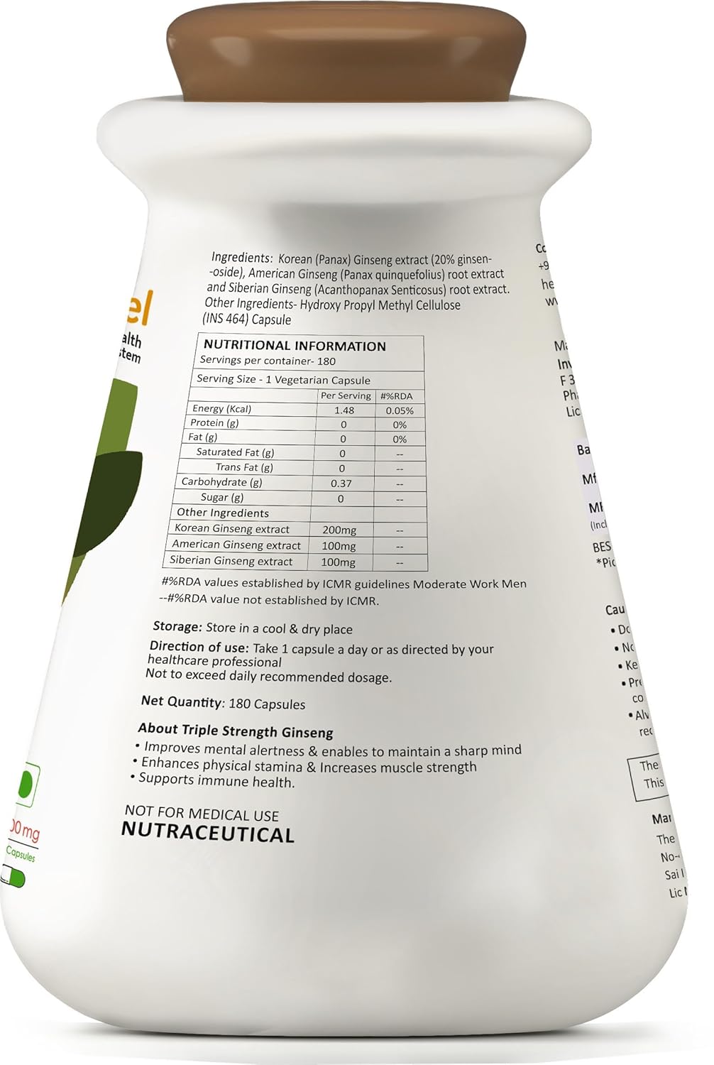 Myfitfuel Ginseng+ Triple Strength Ginseng With Korean, American & Siberian Ginseng, 400mg | 180 Capsules 200gm 0.4lbs