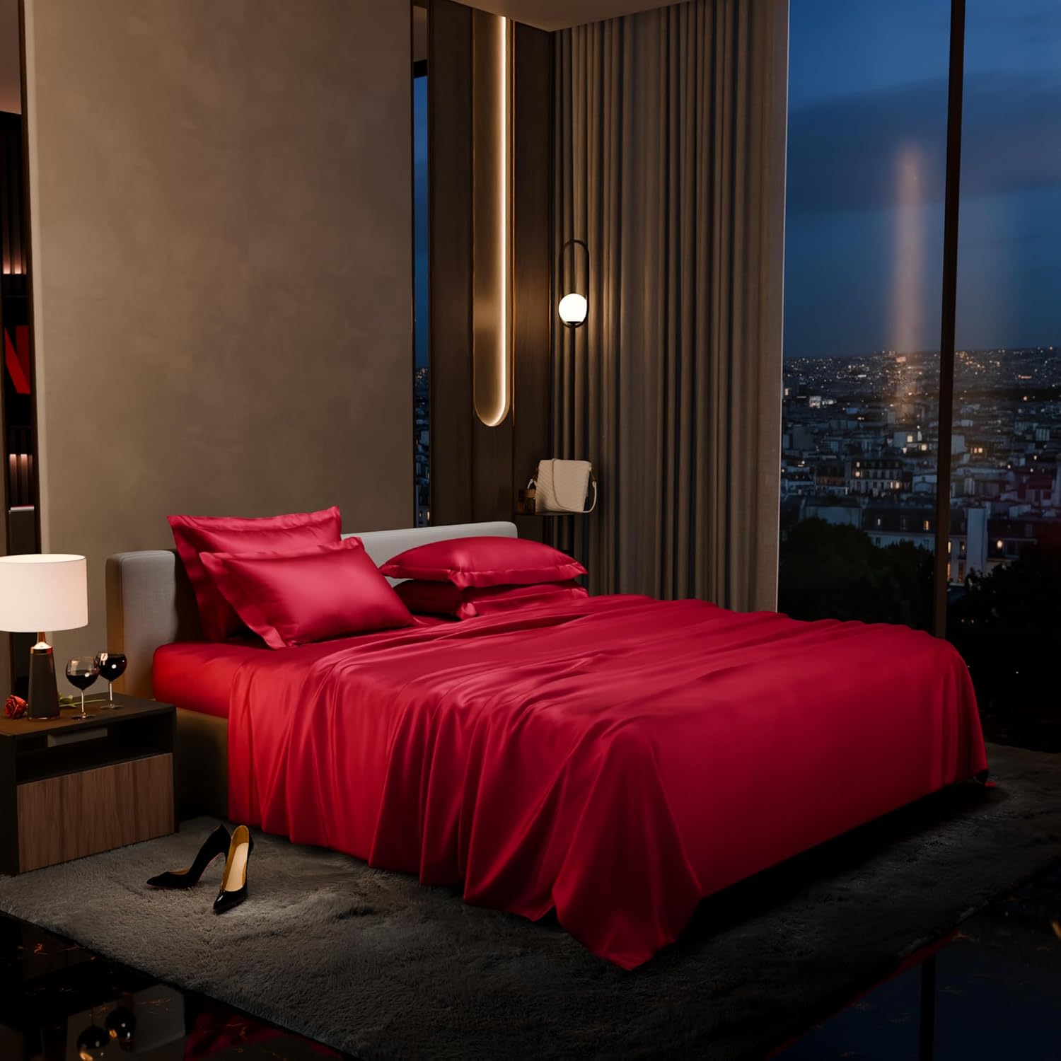 Bedding Set 1 Bedsheet King Size With 4 Pillow Cover - 108 X 108 Inches, Flirty Red | Wedding, Bedroom, Date Night Collection | 300 Thread Count