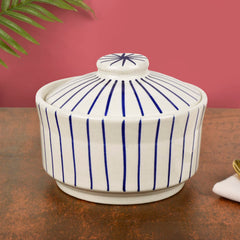 Ceramic Striped Serving Donga With Lid, White & Blue - Diameter 16 Cm, 1000ml | Dinner Serving Bowl - Kitchen Bowl