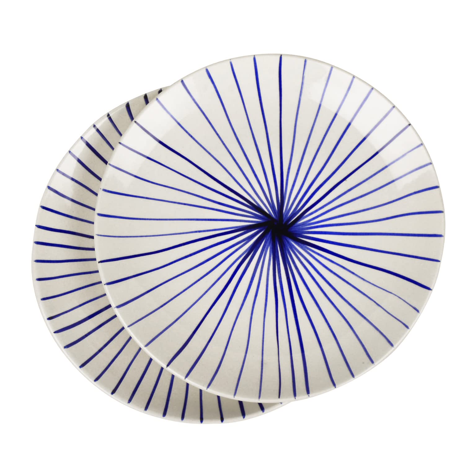 Ceramic Striped Dinner Serving Plates Set Of 6 - White & Blue, Diameter: 10 Inches | Ceramic Full Plates - Blue Kasa Line