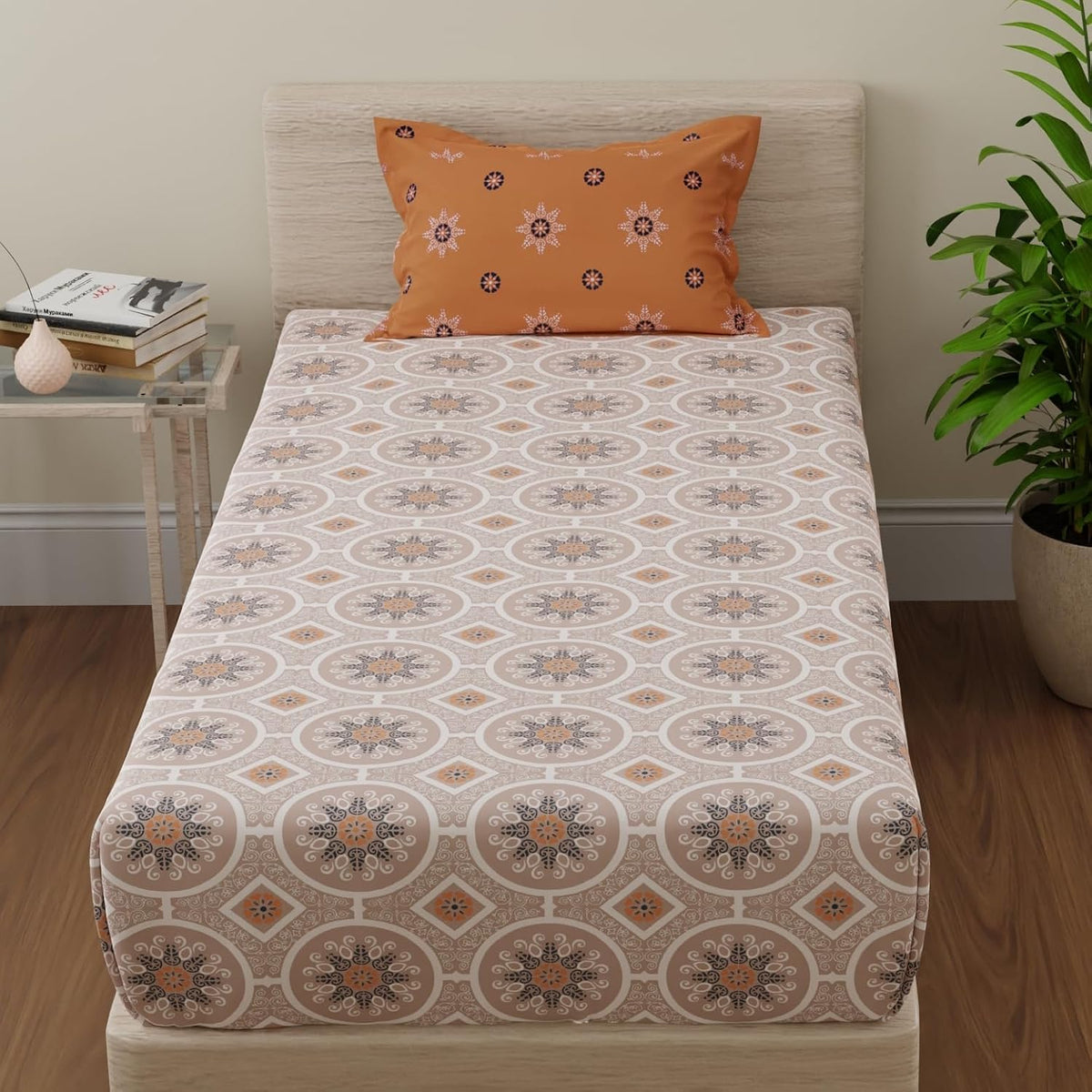Single Bedsheets With 1 Pillow Cover - 55 X 88 Inches, Orange & Brown | Perfect For Home Decor & Gifts | 144 Thread Count