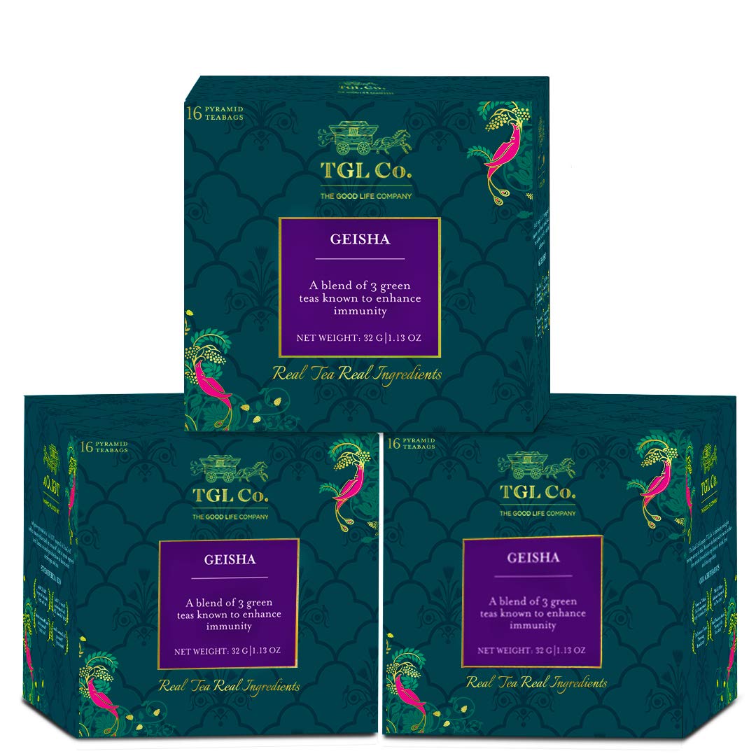 TGL Co. Geisha Green Tea - Pack Of 3 X 32gm, 1.1 Ounce Each, 48 Pyramid Tea Bags | Improves Bone Health, Immunity Booster - Medium Caffeine