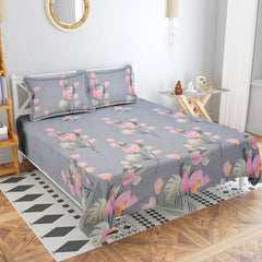 Premium 1 Double Bedsheet With 2 Pillow Covers - 90 X 100 Inches | 180 TC Super Soft Glace Cotton - Breathable & Wrinkle Free - 3 Pcs Set | Grey & Pink
