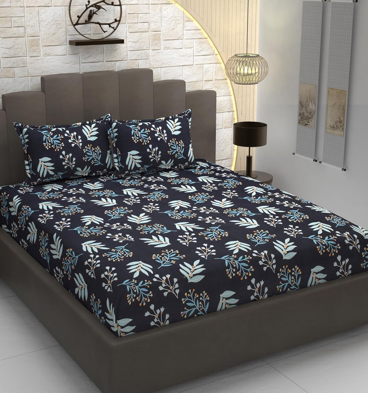 Printed Double Bedsheet With 2 Pillow Cover - 72 X 78 X 6 Inches, Black & Blue | All Around Elastic Fitted Bedsheet | Super Soft Polycotton With 200 Thread Count