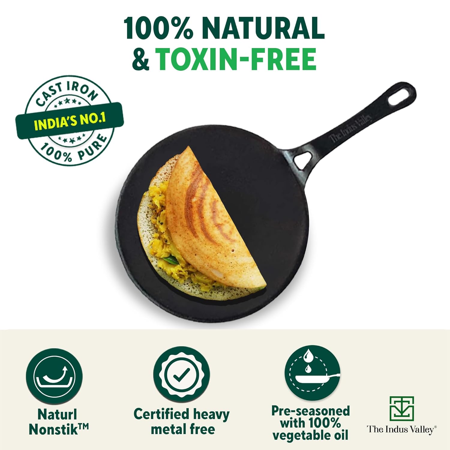 Pre-Seasoned Cast Iron Tawa For Dosa, Chapathi With Iron Tadka Pan | Nonstick, Pre-Seasoned Tava, 100% Pure & Toxin-Free - Pre-Seasoned Cast Iron Tawa + Free Flip, 25.4 Cm, 10 Inch