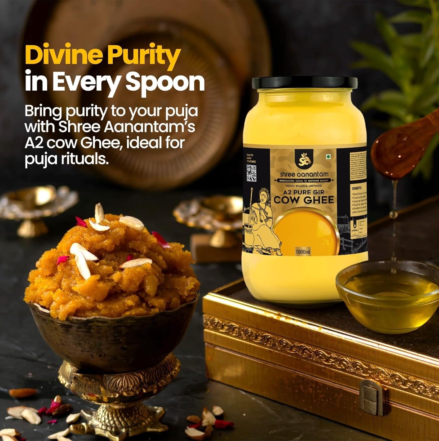 100% Natural A2 Gir Cow Desi Ghee By Shree Aanantam | Bilona Method Curd-Churned Pure A2 Desi Ghee For Bones Health | (500ml) 16.9 Ounce | Jar Pack