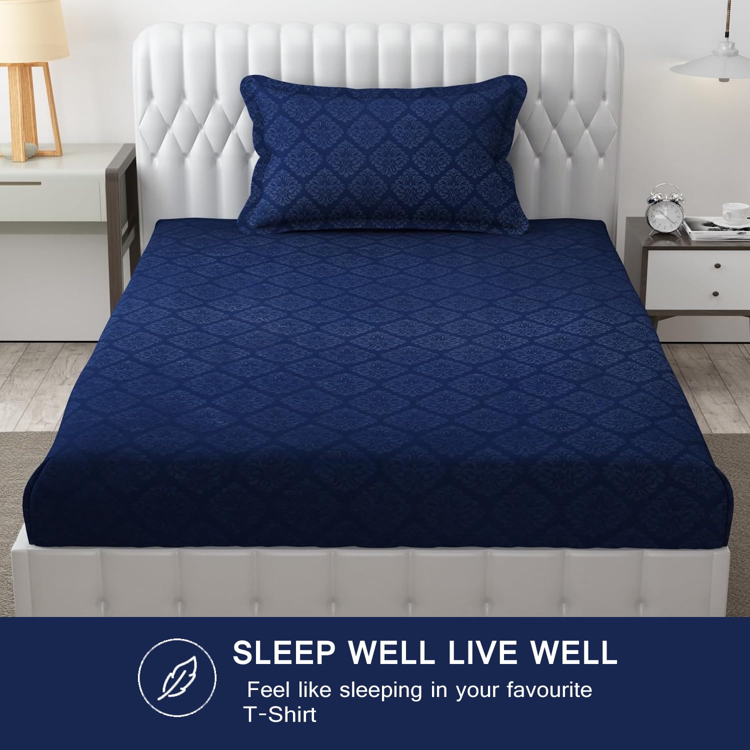 Soft Microfiber Single Bedsheet With 1 Pillow Covers - 60 X 90 Inches | Navy Blue, Damas Design | Wrinkle Free Design & Easy To Wash | Refreshing Your Bedroom Look