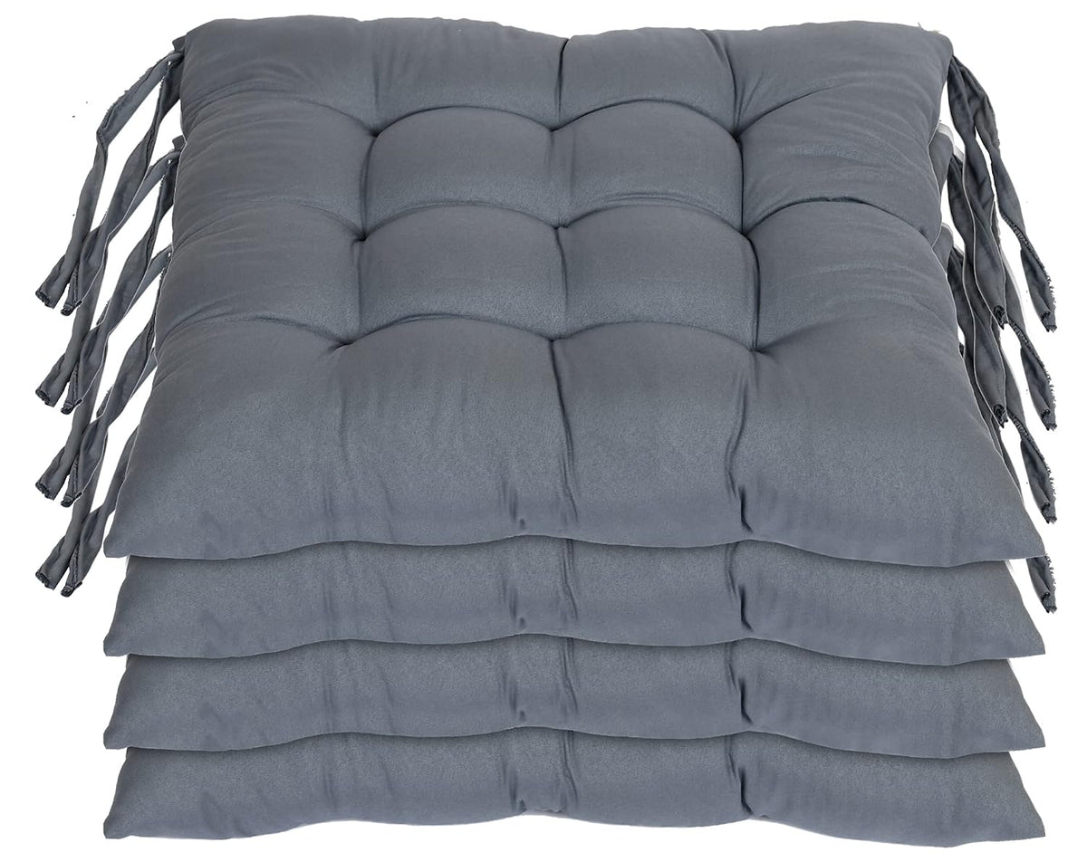 Chair Cushion Pad, Soft & Comfortable Sitting, Chair Pad - Grey | Microfiber Square Chair Pad With Ties | Chair Seat Cushion For Office, Home | Furniture Cushion, Washable - Pack Of 4
