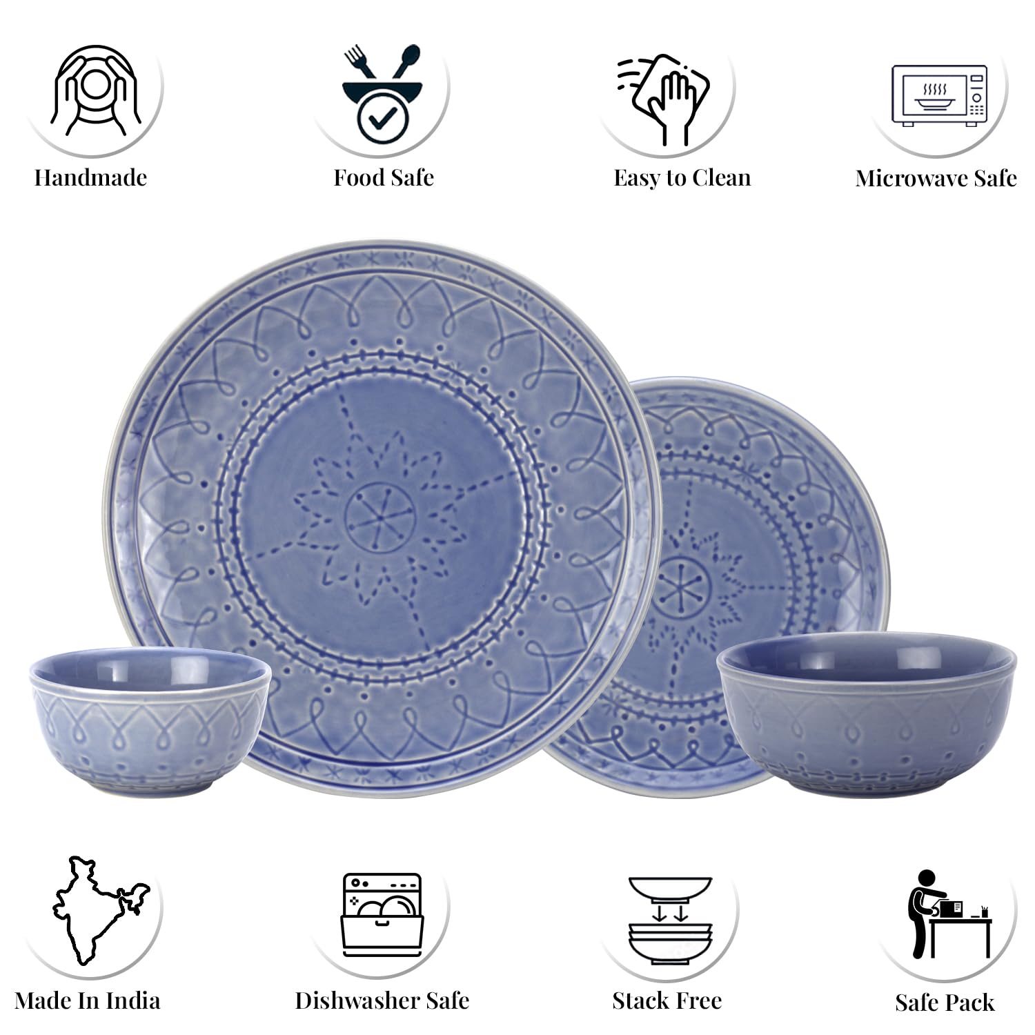 Handcrafted Stoneware Ceramic Dinner Set Of 14 Pcs With Serving Bowl Set - Mist Blue | 4 Dinner Plates+ 4 Small Plates+ 4 Small Bowls, 180ml Each+ 2 Serving Bowls, 1000ml Each | Dishwasher Safe