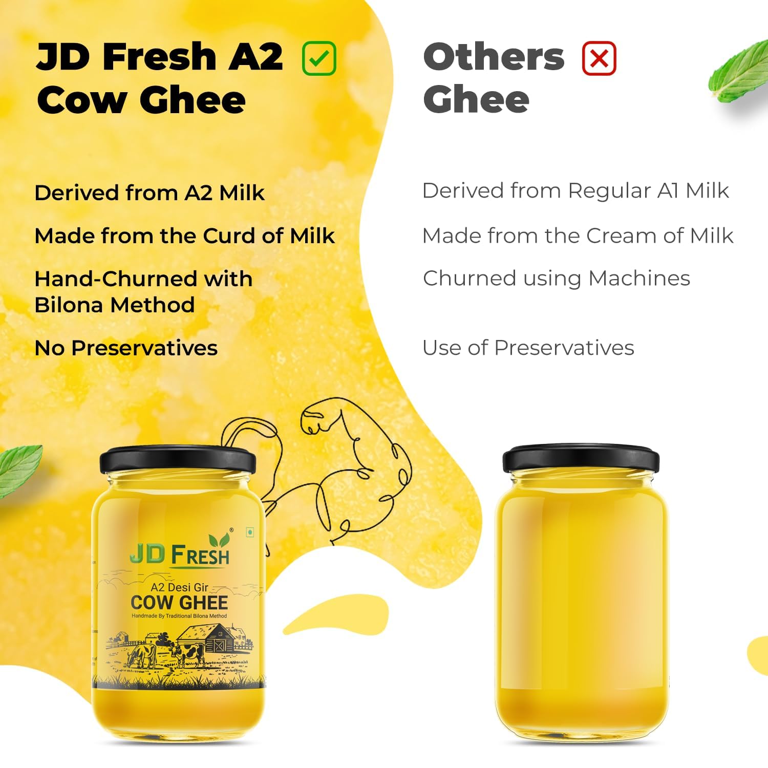 Pure Premium A2 Gir Cow'S Ghee By JD Fresh | Traditional Bilona Method Healthy Immunity Booster Natural Fresh Desi Cow Ghee Ideal For Daily Cooking | (250ml) 8.4 Ounce | Jar Pack