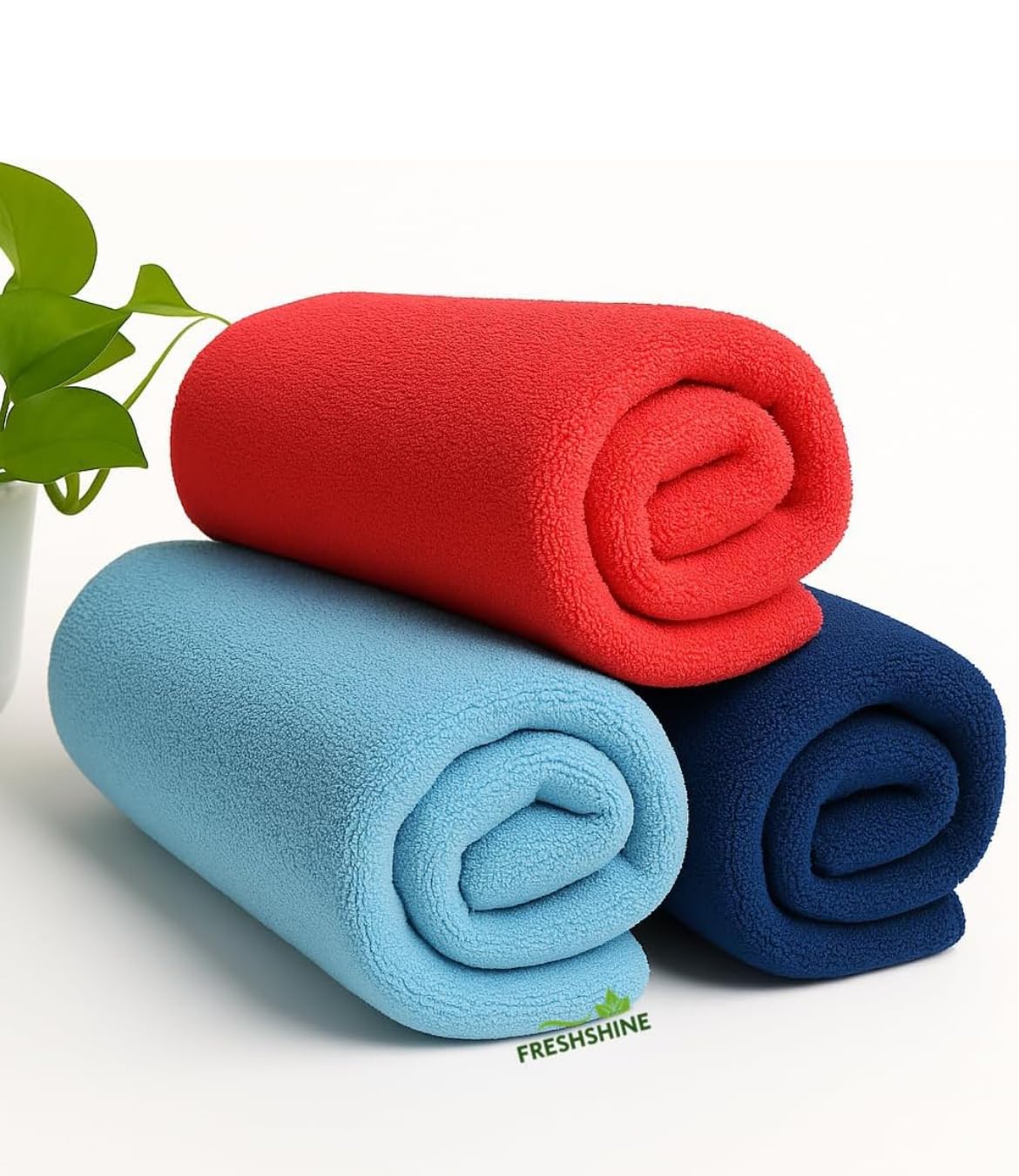 Freshshine Hand Towel 350 Gsm | Super Soft Quick Dry Microfiber Face Towel (Green, Light Blue, Dark Blue & Red) - Set Of 3