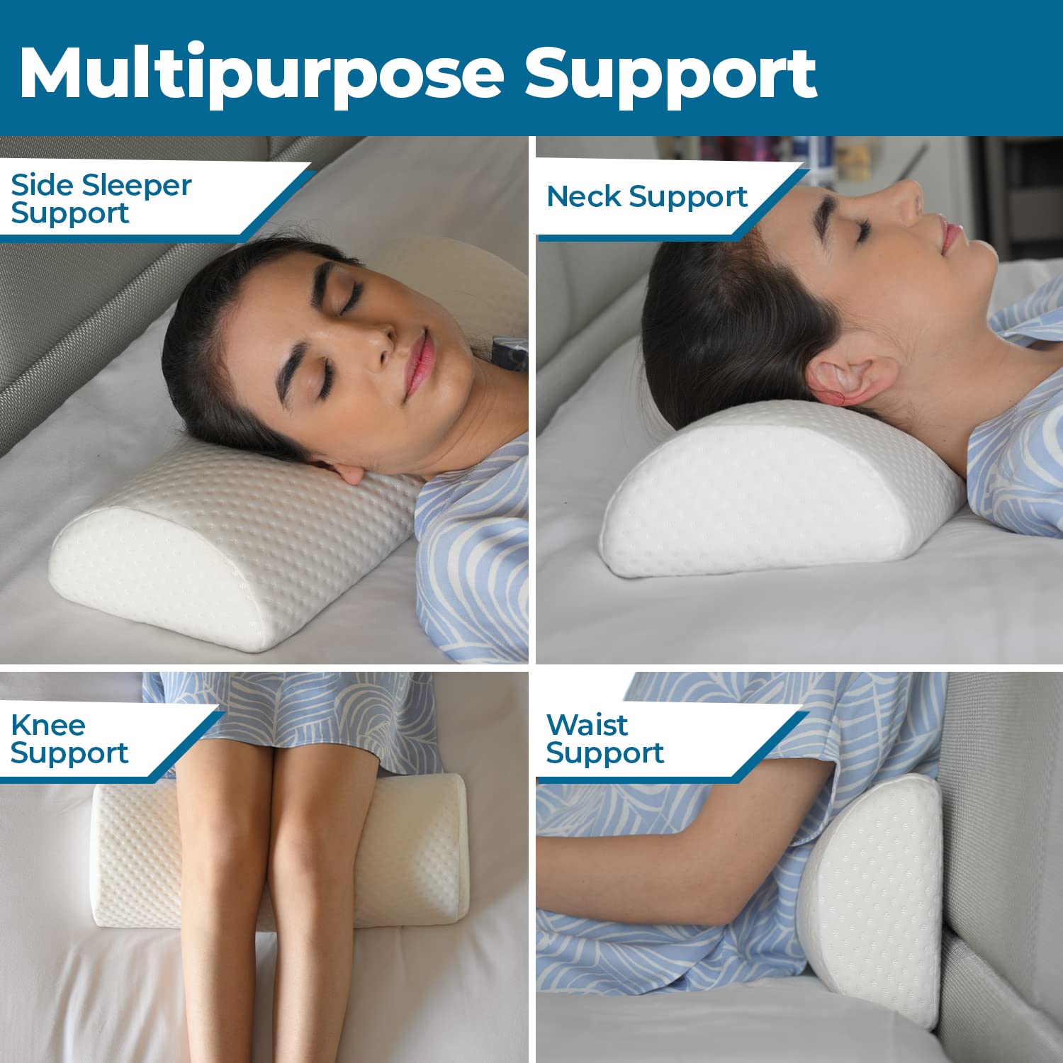 Orthopedic Memory Foam Pillow Cushion For Side Sleepers, For Under Knee Pain Relief, White | Multipurpose Semi Roll Bolster Pillow For Legs, Neck, Knee, Lower Back Support, Washable Cover