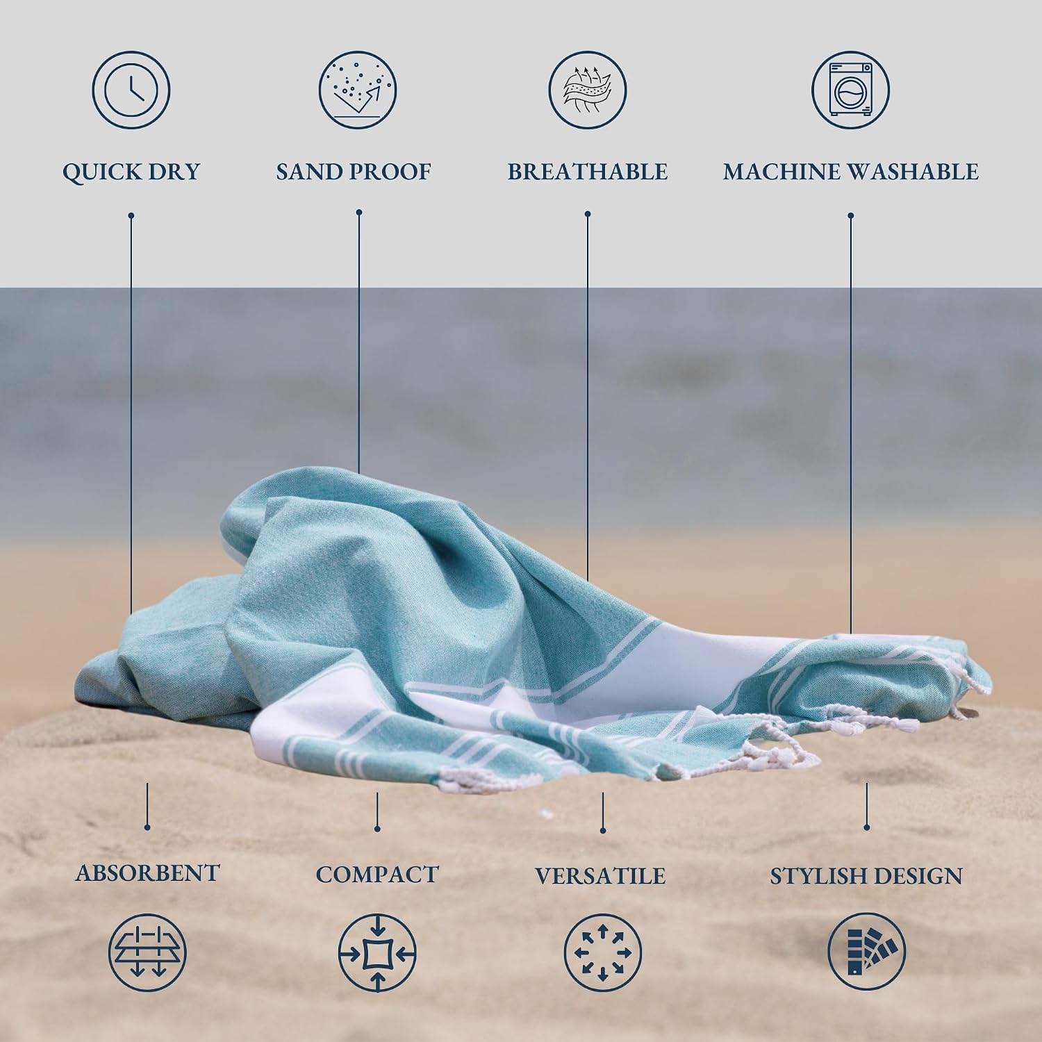 Lane Linen Turkish Beach Towels Extra Large 699 Gsm | Pre-Washed For Soft Feel Oversized Sand Free Quick-Dry Pool Towel - Aqua (Pack Of 2)