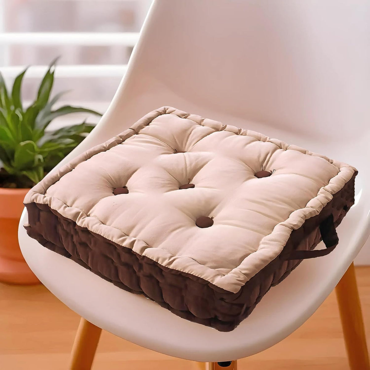Square Chair Pad, Comfortable Seat Cushion, Soft Cotton Pillow For Seating, Beige & Brown | For Meditation, Yoga, Living Room | Furniture Cushion, Washable - 1 Piece Cotton Chair Pad